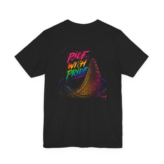 Black t-shirt with neon graffiti Ride With Pride lettering and a glowing wooden roller coaster graphic inspired by nighttime amusement park rides.
