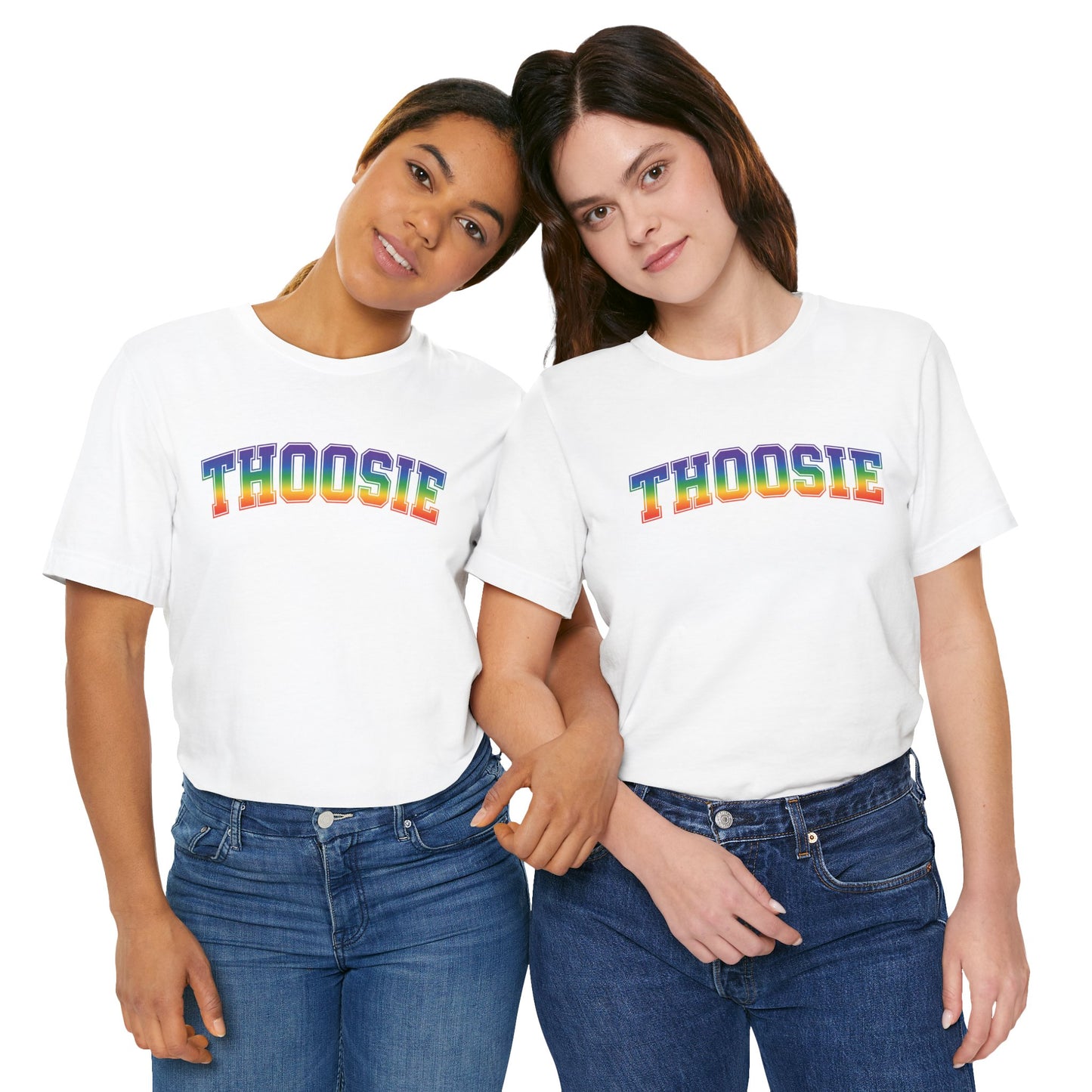 Thoosie Pride Tee with arched rainbow Thoosie lettering