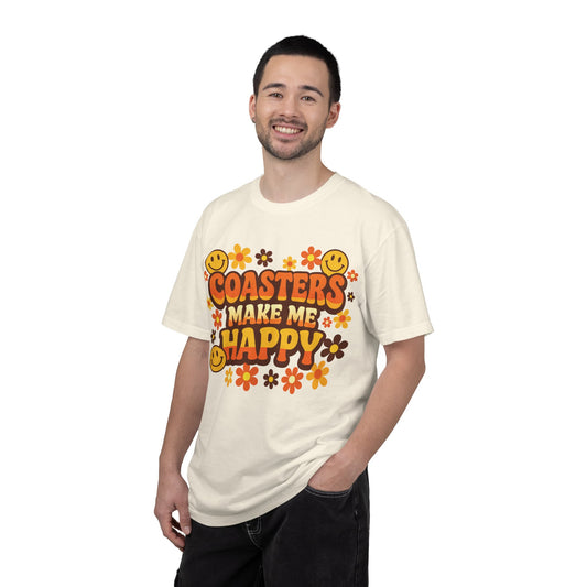 Coasters Make Me Happy T-Shirt — Retro Smiley Flower Tee for Coaster Lovers