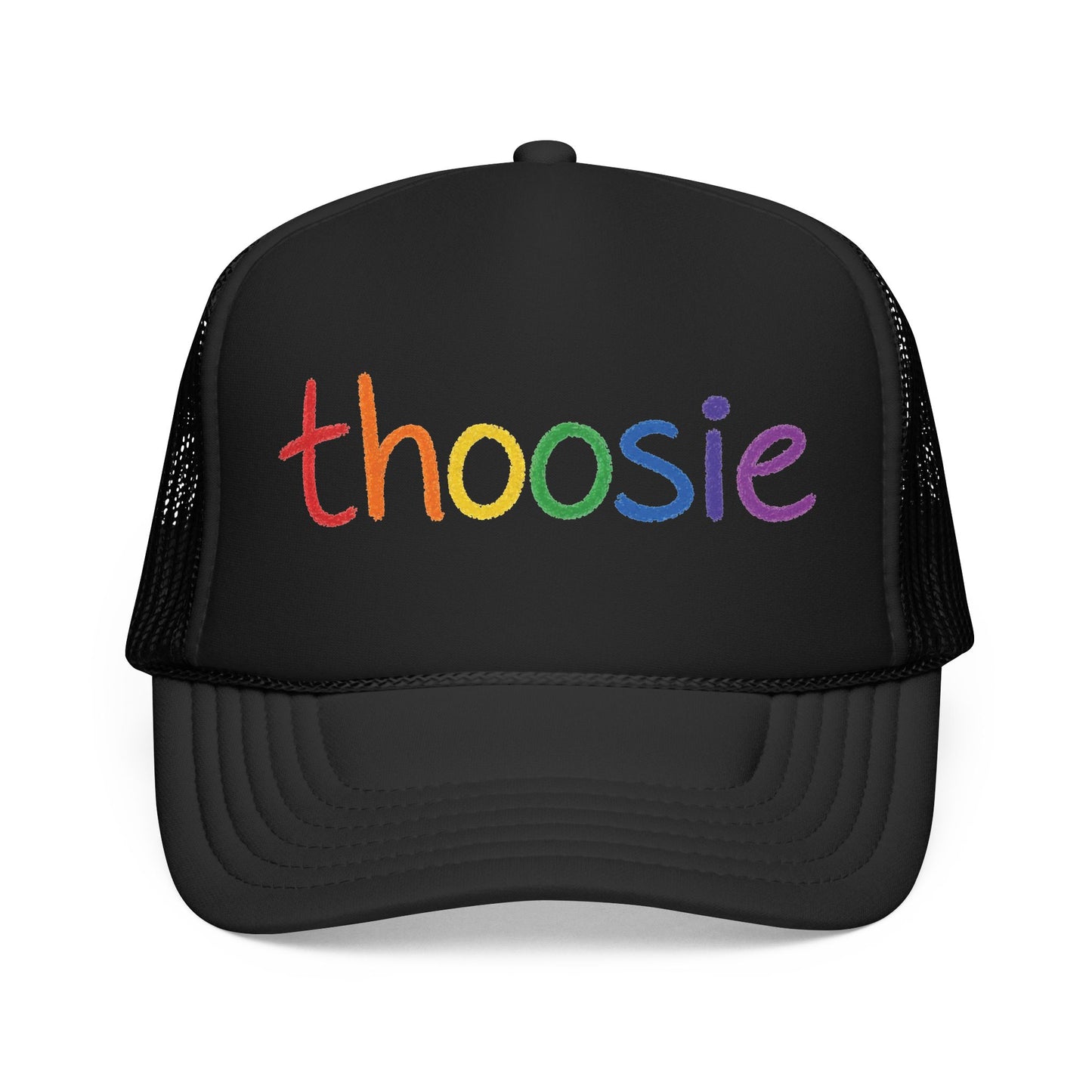 Black Thoosie Pride trucker cap with rainbow logo and mesh back