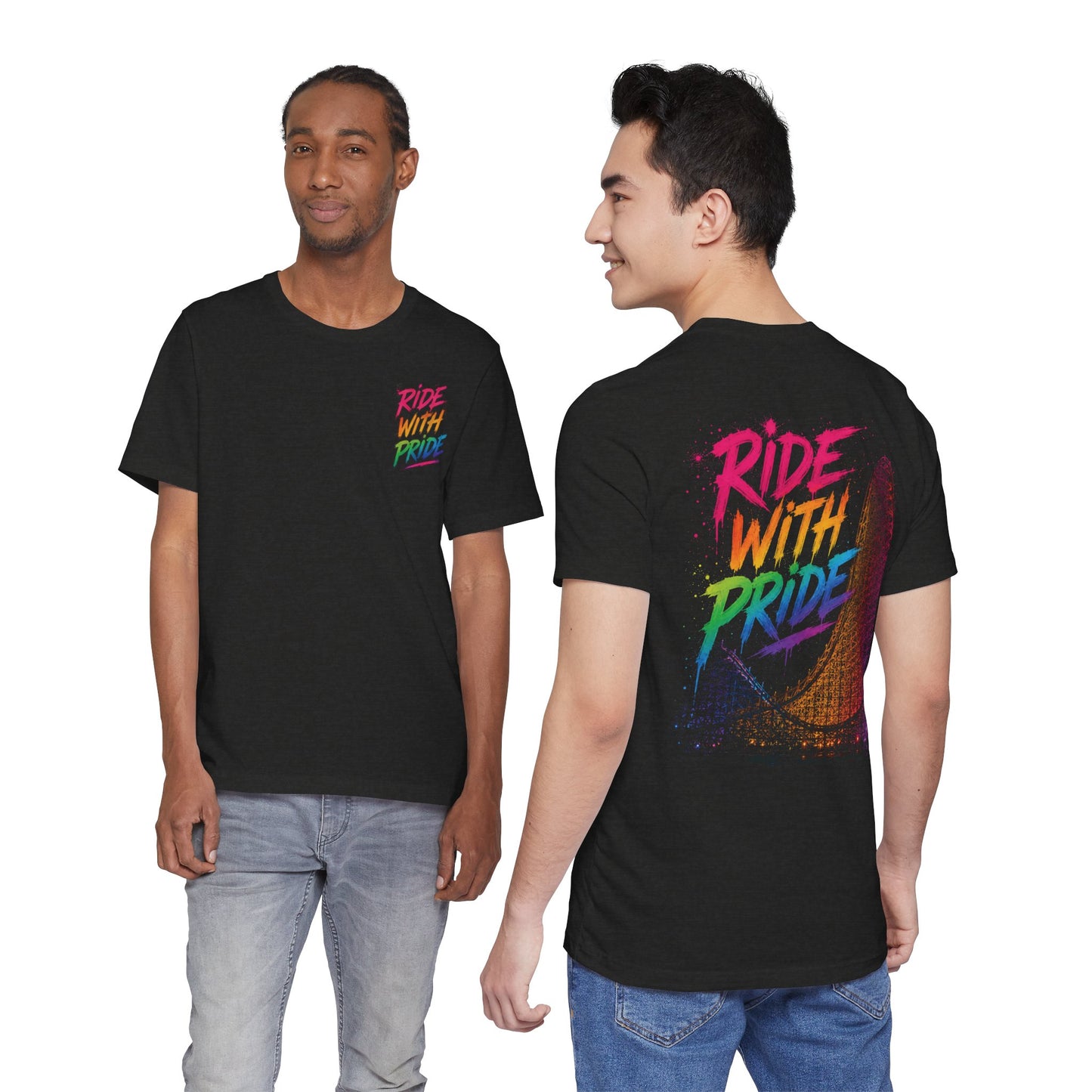 Ride With Pride Tee with small chest mark and rainbow coaster back graphic