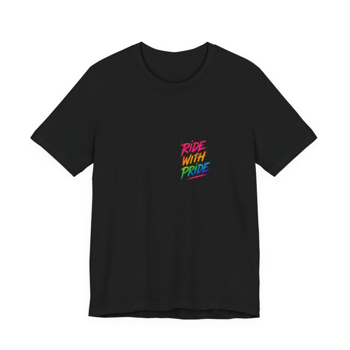 Black t-shirt with neon graffiti Ride With Pride lettering and a glowing wooden roller coaster graphic inspired by nighttime amusement park rides.