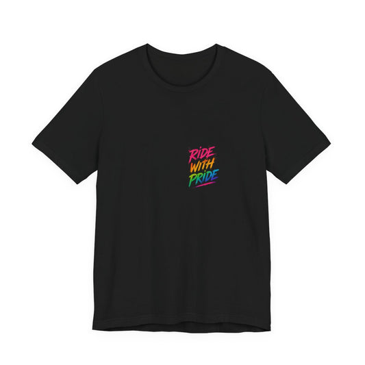 Black t-shirt with neon graffiti Ride With Pride lettering and a glowing wooden roller coaster graphic inspired by nighttime amusement park rides.