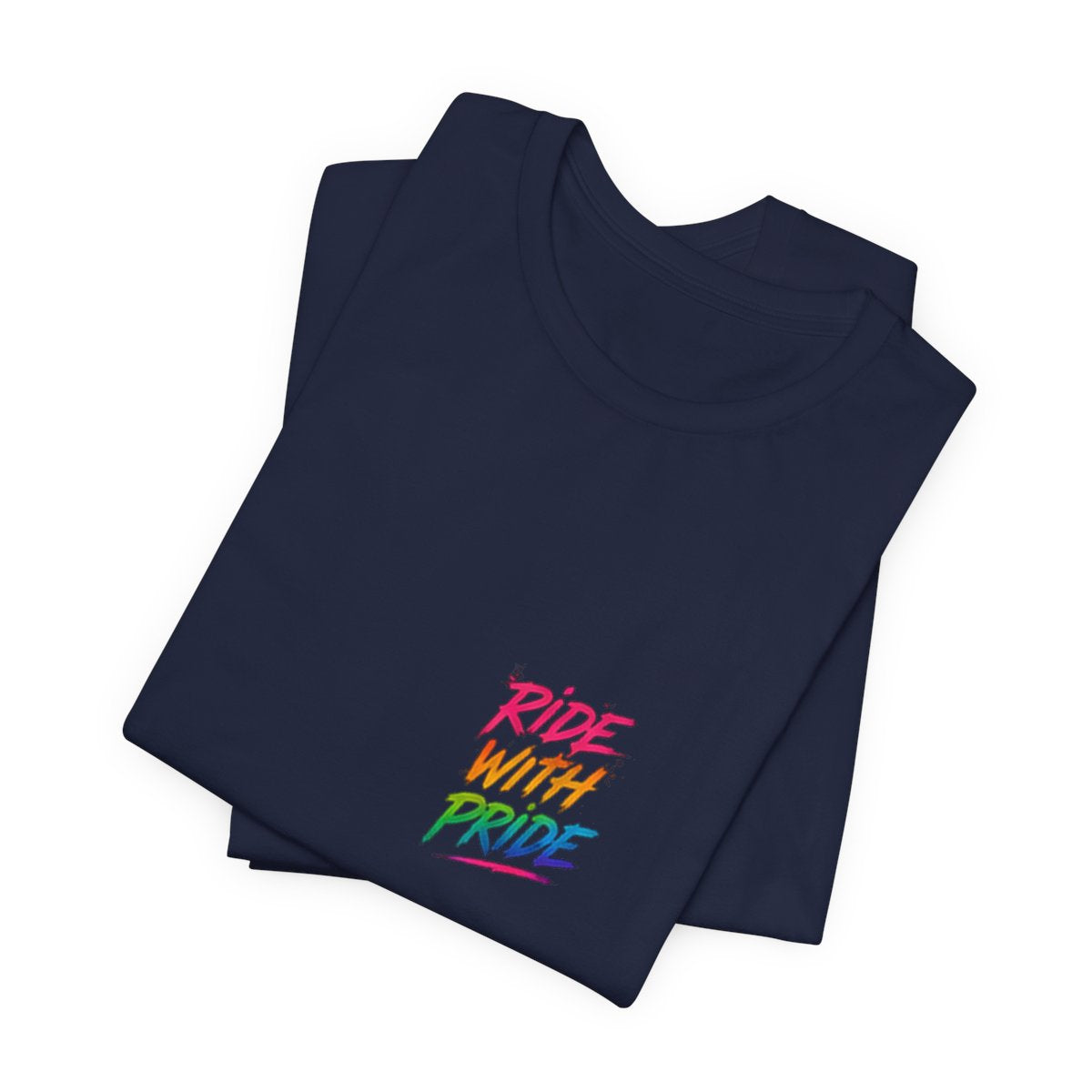 Black t-shirt with neon graffiti Ride With Pride lettering and a glowing wooden roller coaster graphic inspired by nighttime amusement park rides.