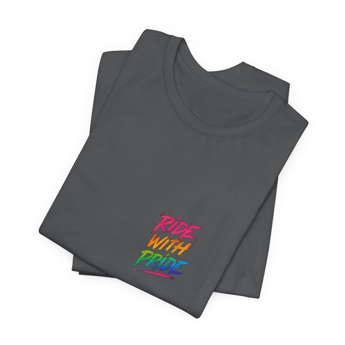 Black t-shirt with neon graffiti Ride With Pride lettering and a glowing wooden roller coaster graphic inspired by nighttime amusement park rides.