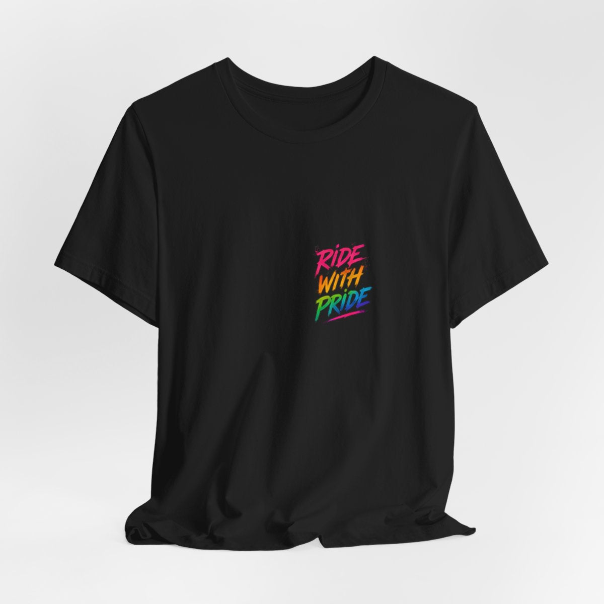 Black t-shirt with neon graffiti Ride With Pride lettering and a glowing wooden roller coaster graphic inspired by nighttime amusement park rides.