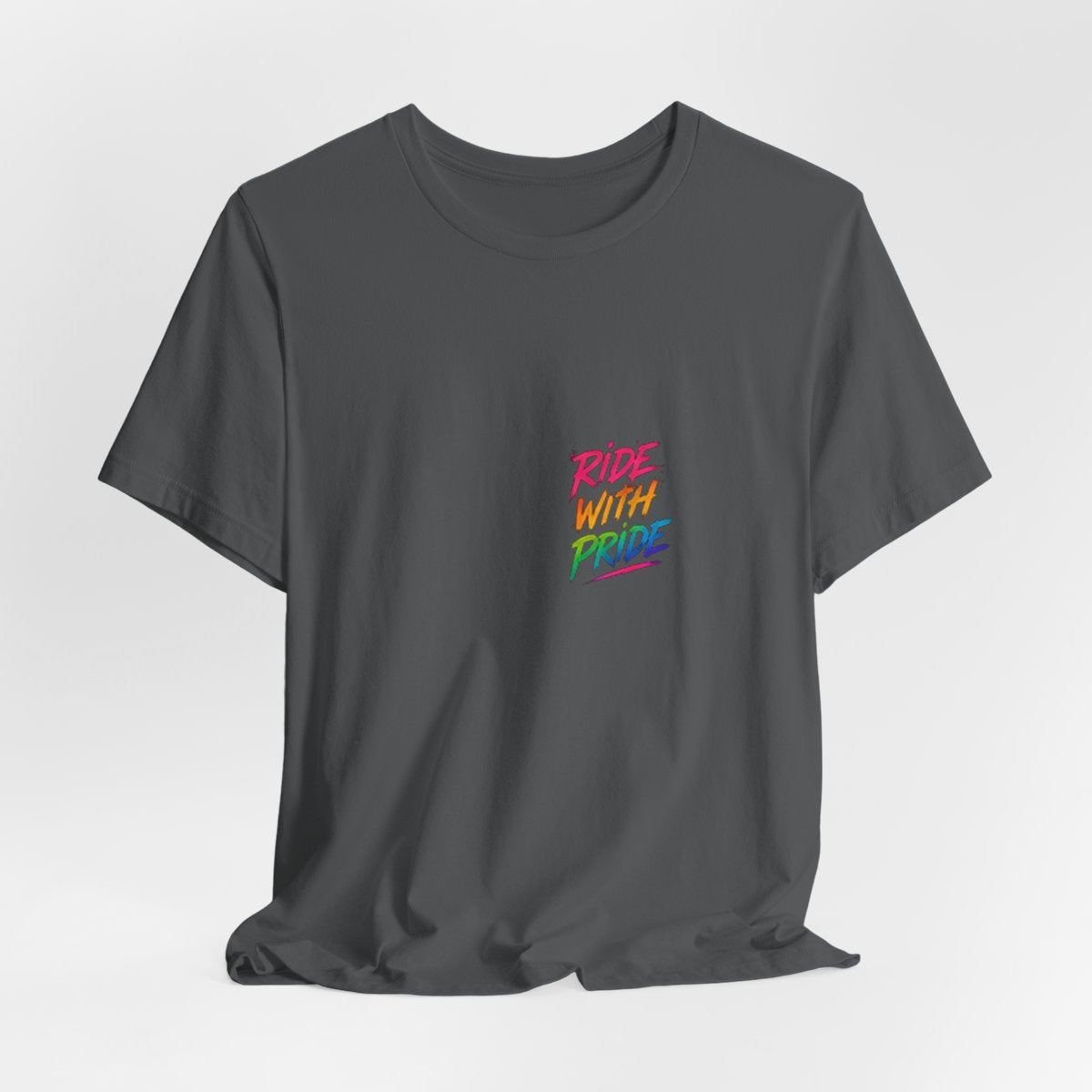 Black t-shirt with neon graffiti Ride With Pride lettering and a glowing wooden roller coaster graphic inspired by nighttime amusement park rides.