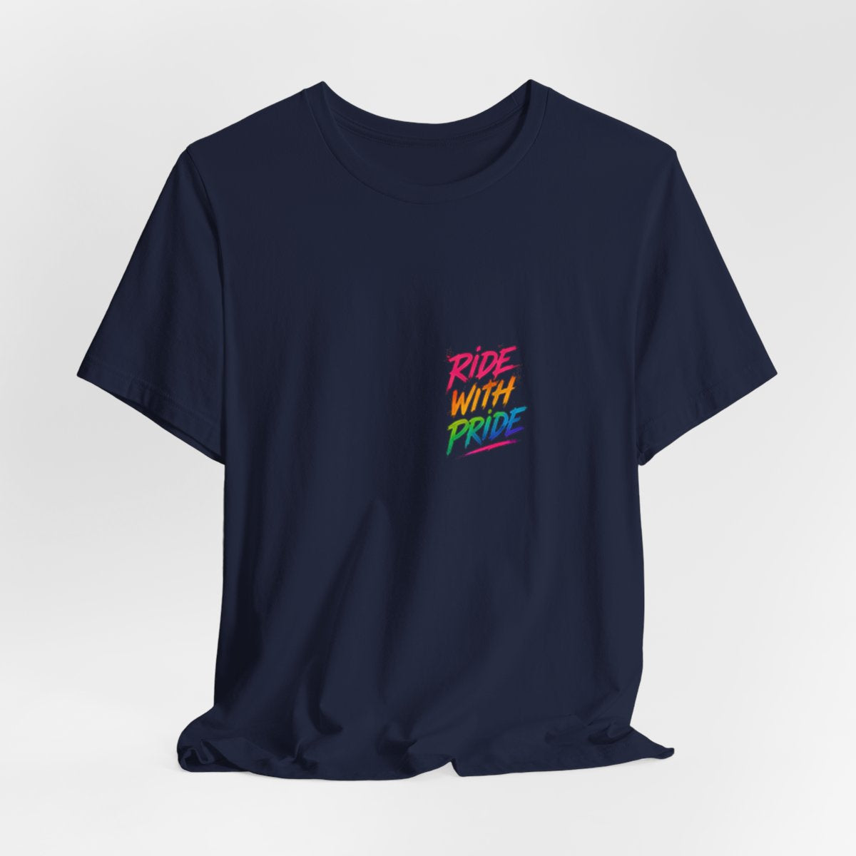 Black t-shirt with neon graffiti Ride With Pride lettering and a glowing wooden roller coaster graphic inspired by nighttime amusement park rides.