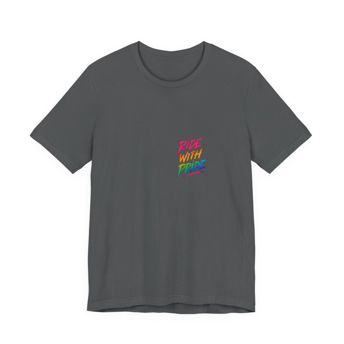 Black t-shirt with neon graffiti Ride With Pride lettering and a glowing wooden roller coaster graphic inspired by nighttime amusement park rides.