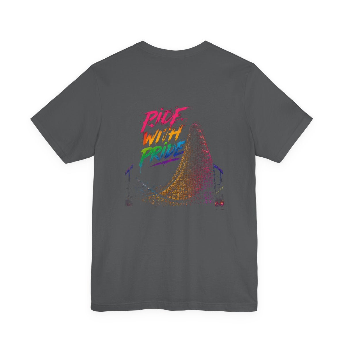 Black t-shirt with neon graffiti Ride With Pride lettering and a glowing wooden roller coaster graphic inspired by nighttime amusement park rides.