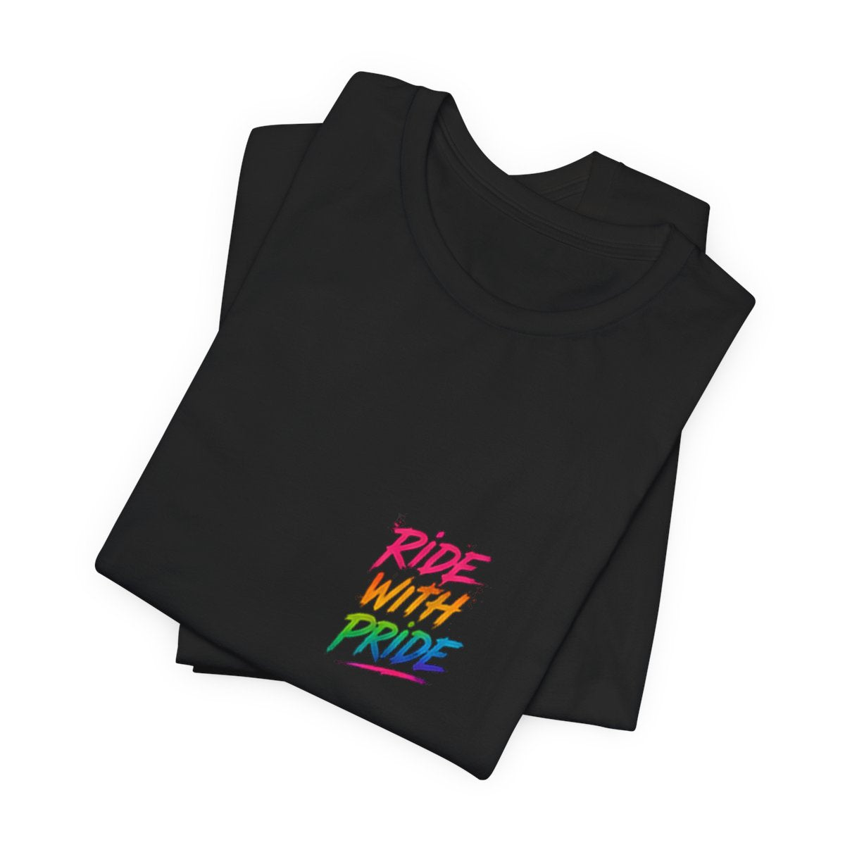 Black t-shirt with neon graffiti Ride With Pride lettering and a glowing wooden roller coaster graphic inspired by nighttime amusement park rides.