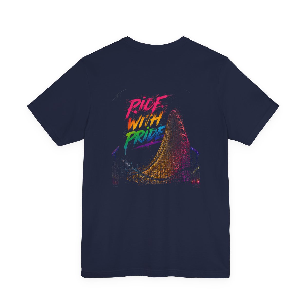 Black t-shirt with neon graffiti Ride With Pride lettering and a glowing wooden roller coaster graphic inspired by nighttime amusement park rides.