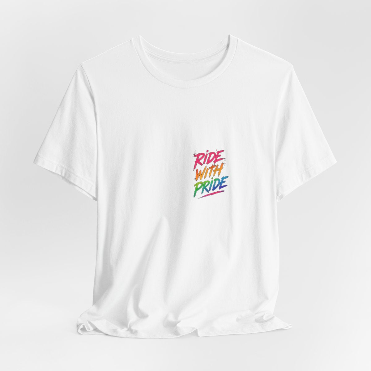 Black t-shirt with neon graffiti Ride With Pride lettering and a glowing wooden roller coaster graphic inspired by nighttime amusement park rides.