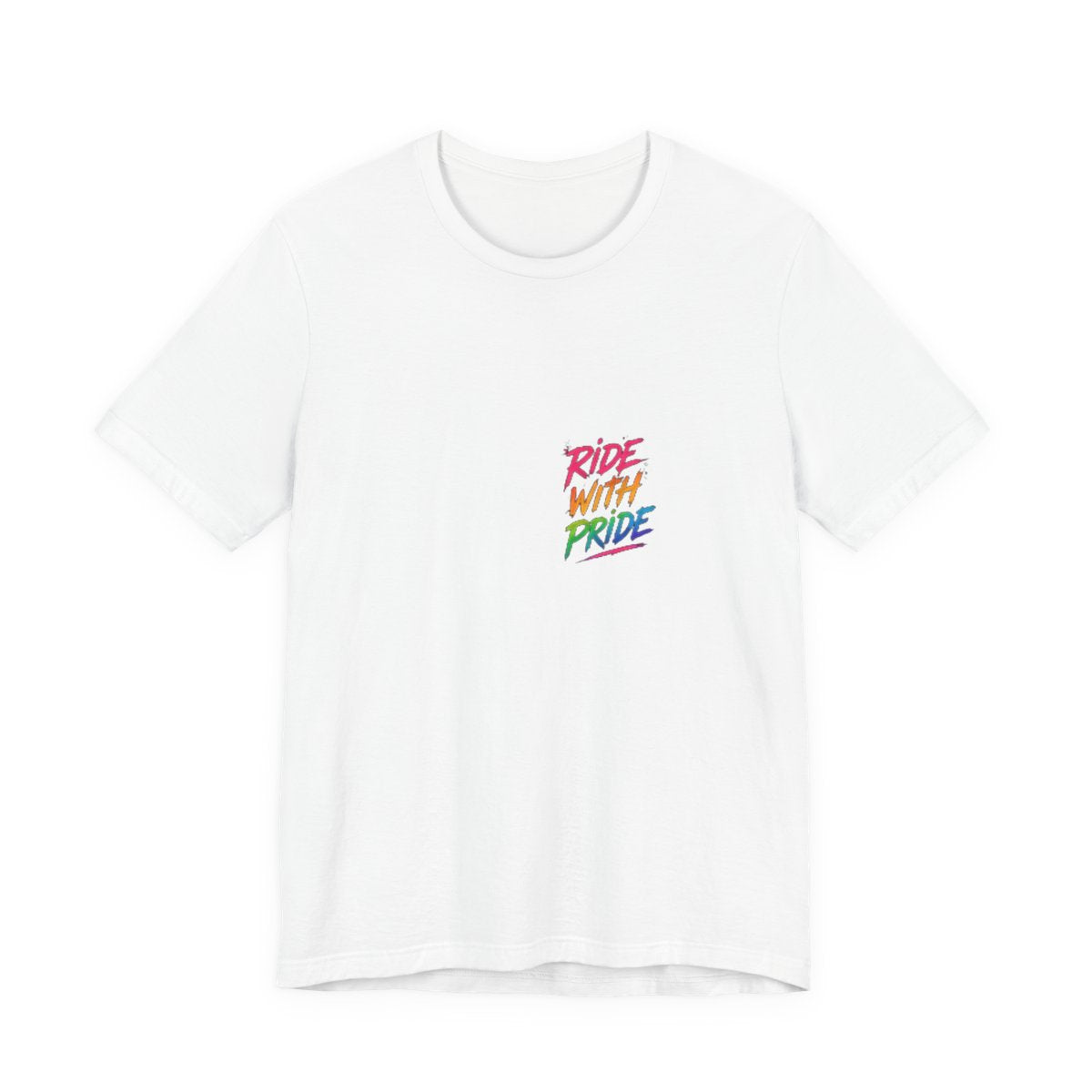 Black t-shirt with neon graffiti Ride With Pride lettering and a glowing wooden roller coaster graphic inspired by nighttime amusement park rides.