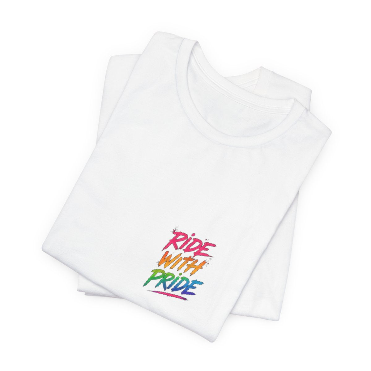 Black t-shirt with neon graffiti Ride With Pride lettering and a glowing wooden roller coaster graphic inspired by nighttime amusement park rides.