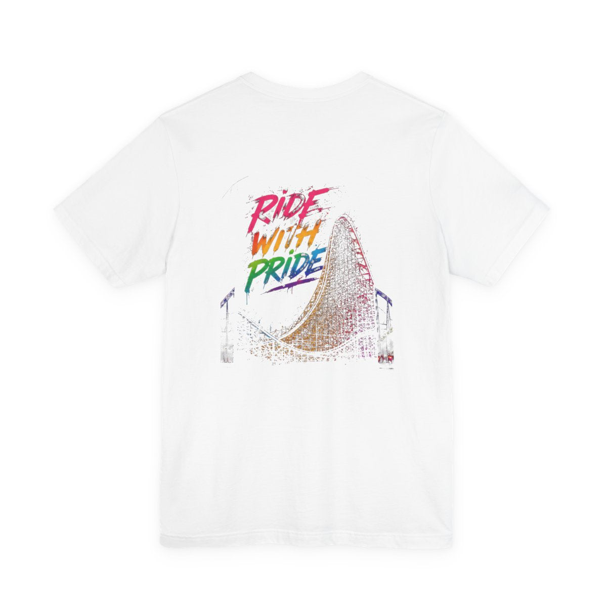 Black t-shirt with neon graffiti Ride With Pride lettering and a glowing wooden roller coaster graphic inspired by nighttime amusement park rides.