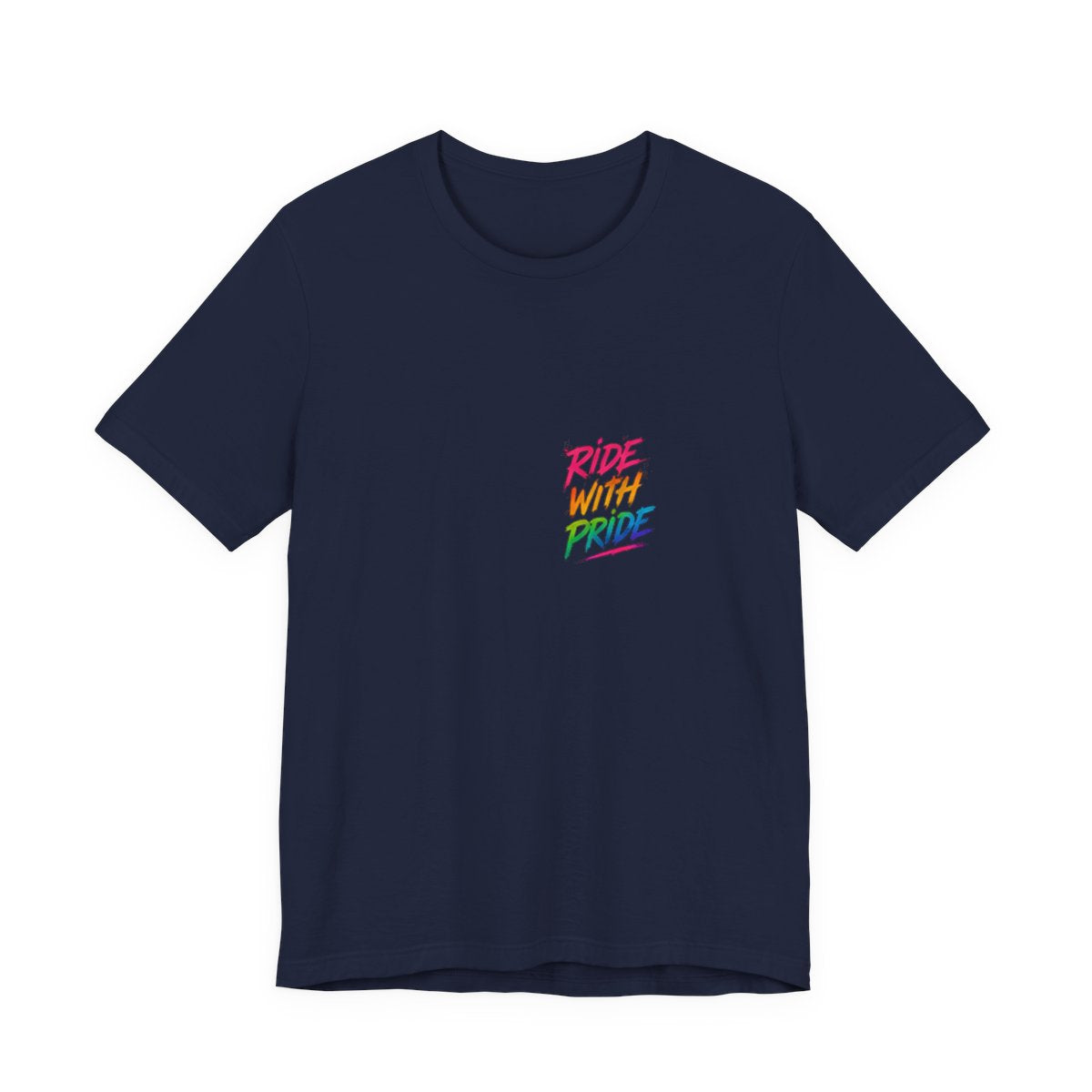 Black t-shirt with neon graffiti Ride With Pride lettering and a glowing wooden roller coaster graphic inspired by nighttime amusement park rides.